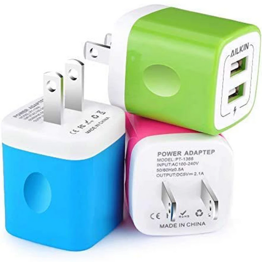 3 Pack Multi-Color 1AMP Ailkin 2-Port USB Wall Charger Replacement Cubes 