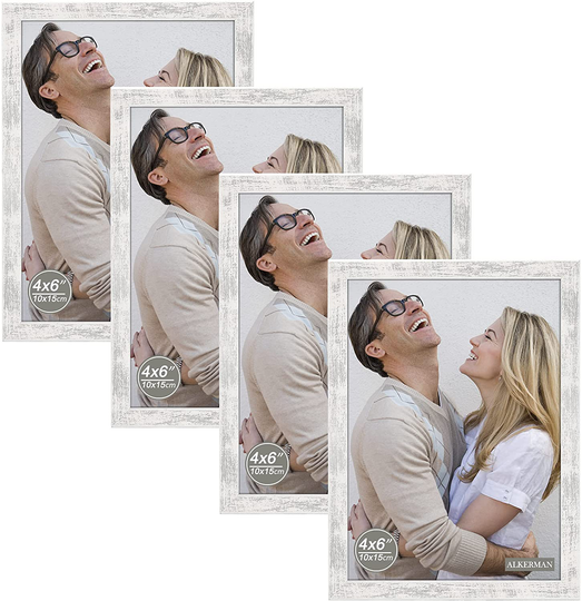 Alkerman 4x6 Picture Frames Rustic Distressed White Wood Pattern High Definition Glass for Table Top Display and Wall Mounting Photo Frame，Pack of 4