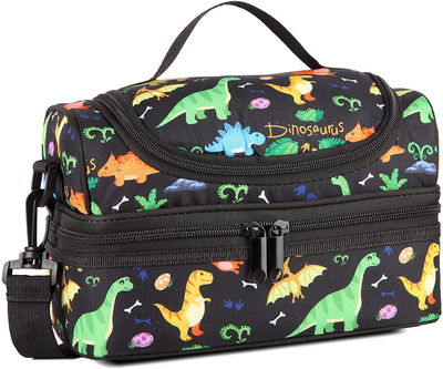 Lunch Box Bag for Boys, Kasqo Insulated Cooler Bag Kids Lunch Tote with Dual Compartments, Black Dinosaur