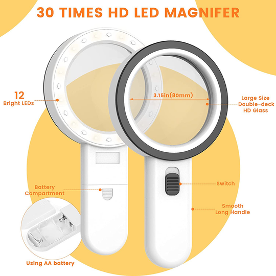 Magnifying Glass with Light, 30X Handheld Large Magnifying Glass 12 LED Illuminated Lighted Magnifier for Macular Degeneration, Seniors Reading, Soldering, Inspection, Coins, Jewelry, Exploring(White)