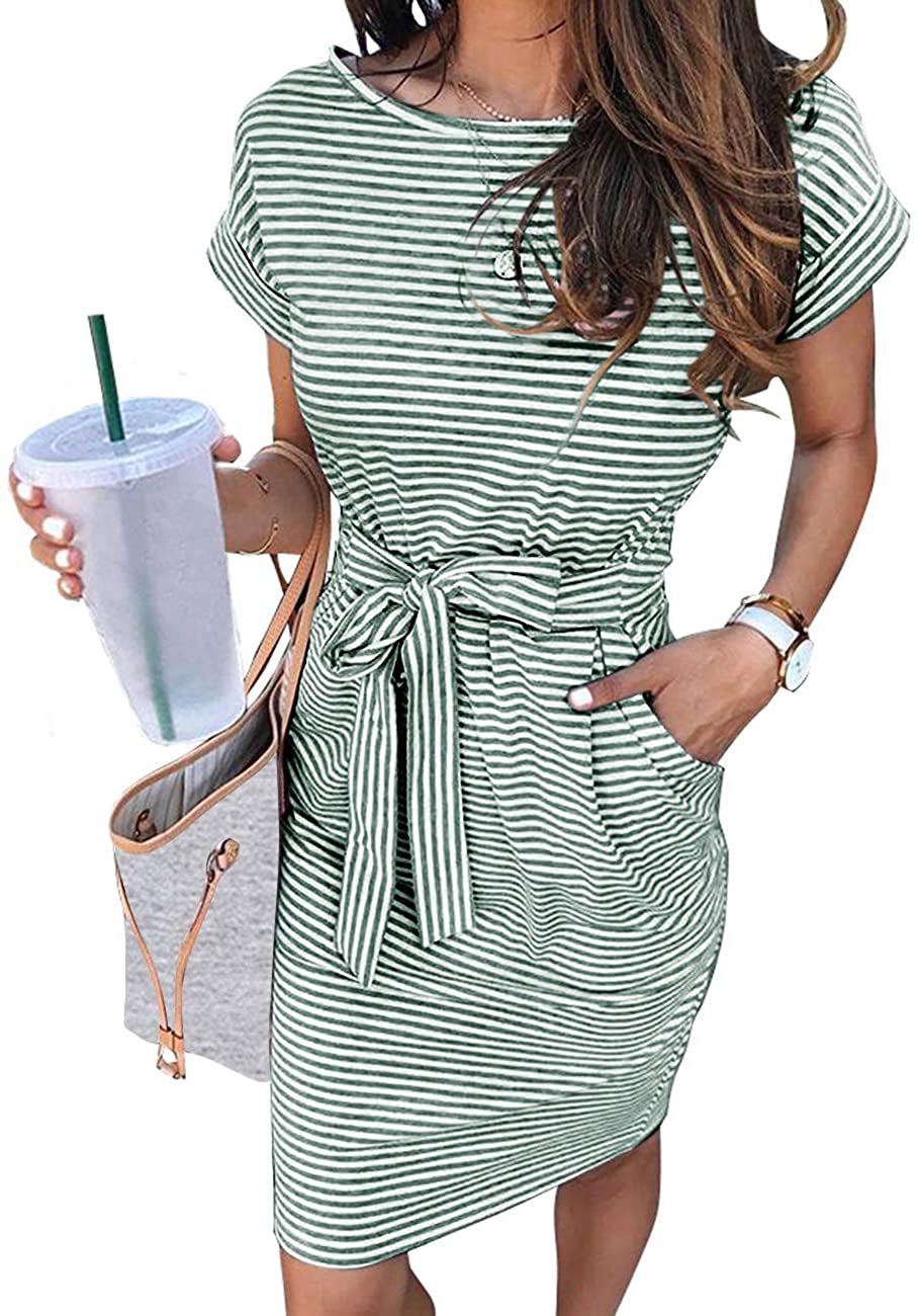 MEROKEETY Women's Summer Striped Short Sleeve T Shirt Dress Casual Tie Waist Midi Dress