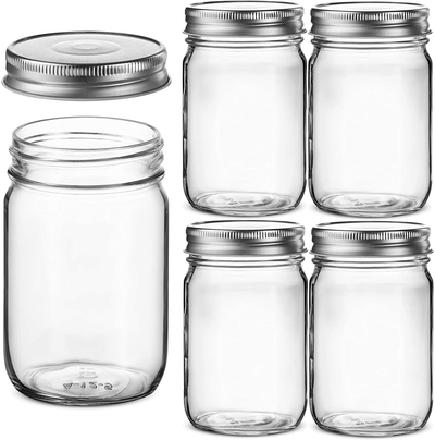 Glass Regular Mouth Mason Jars, Glass Jars with Silver Metal Airtight Lids for Meal Prep, Food Storage, Canning, Drinking, Overnight Oats, Jelly, Dry Food, Spices, Salads, Yogurt (5 Pack) (32 Ounce)