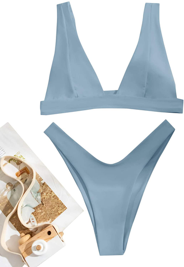 SheIn Women's Solid High Cut Thong Bikini Swimsuit Padded Plunging Bathing Suit