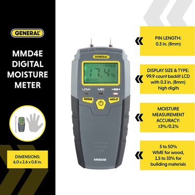 General Tools MMD4E Digital Moisture Meter, Water Leak Detector, Moisture Tester, Pin Type, Backlit LCD Display With Audible and Visual High-Medium-Low Moisture Content Alerts, Grays