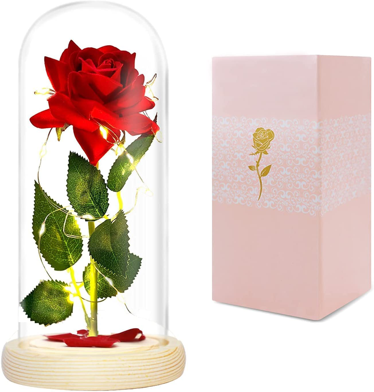 Christmas Rose Gifts for Her, Beauty and The Beast Rose in Glass Dome, Anniversary Rose Gift for Her Romantic, Romantic Xmas Thanksgiving Anniversary Valentines Day Gifts for Her Wife Girlfriend