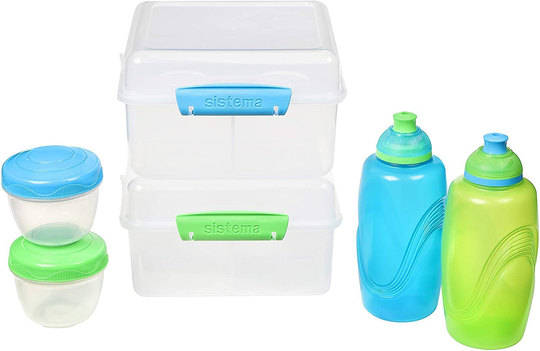 Sistema To Go Kids Lunch Boxes & Meal Containers | 2 Twist 'n' Sip Kids Water Bottles, 2 Lunch Cube Max with Dividers & 2 Leak-Proof Yoghurt Pots | BPA-Free