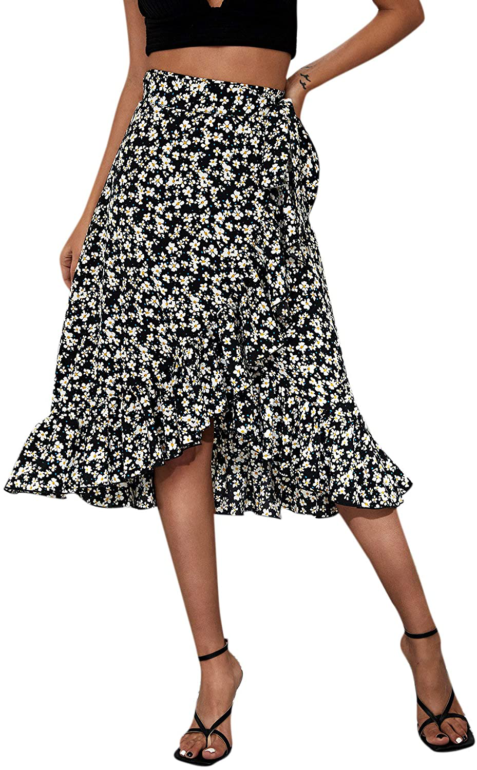 SheIn Women's Boho Ditsy Floral Knot High Waisted Wrap Split Midi Skirt