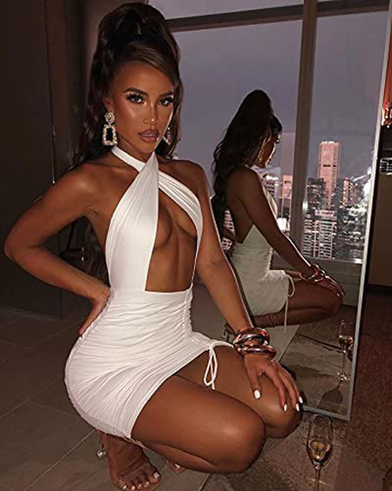 XLLAIS Women Sexy Club Dress Halter Criss Cross Ruched Sleeveless Mini Bodycon Dresses Beachwear
