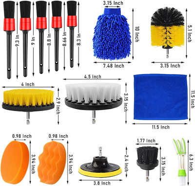 TTCR-II 16 Pcs Car Wheel/Tyre Cleaner and Drill Brush Set, Detailing Brush, Dashboard Mini Duster, Microfiber Mit and Towel, Sponge Polishing Pad, Thread Backing Pad, Drill Power Scrubber Brushes