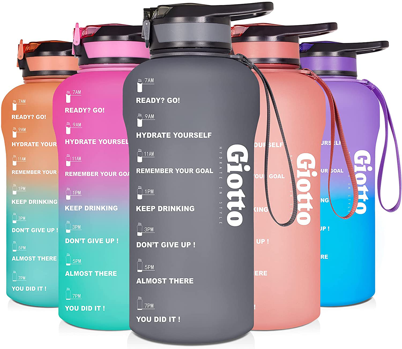 Giotto Large Half Gallon/64oz Motivational Water Bottle with Time Marker & Straw,Leakproof BPA Free Sports Water Jug with Handle to Remind You Drink More Water,Hydrate in Style
