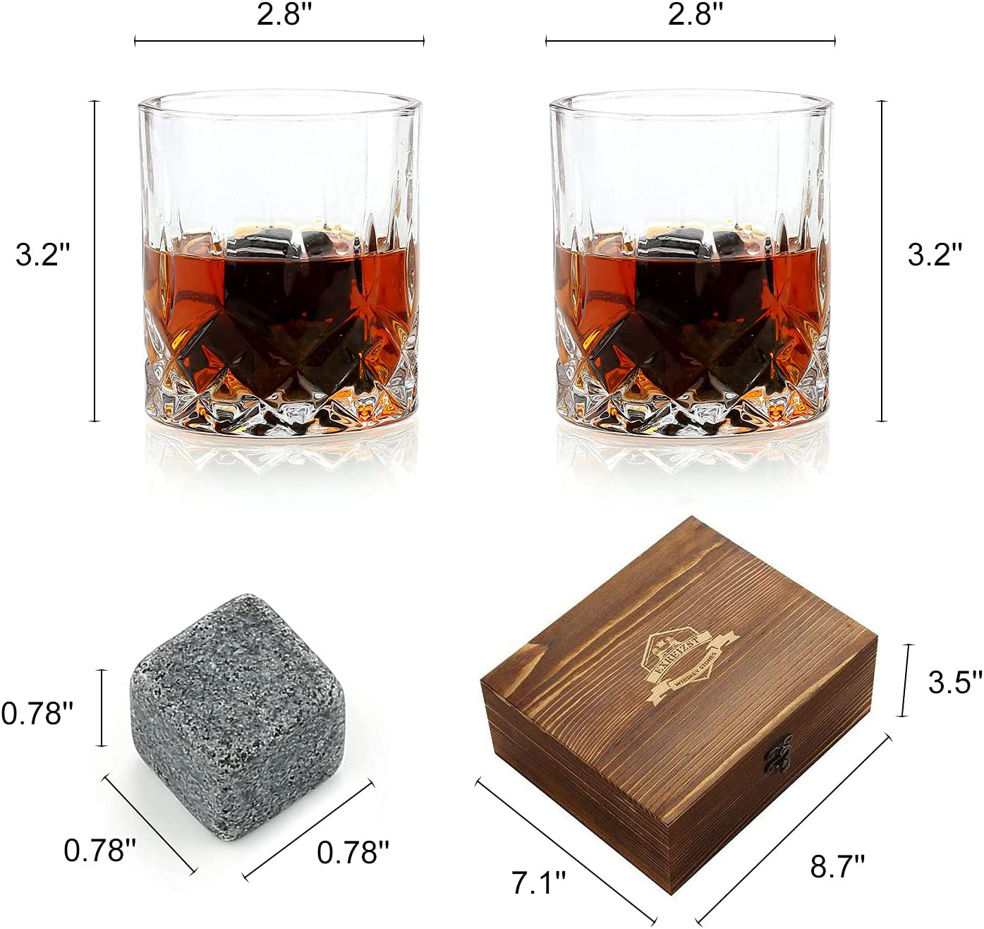 Whiskey Stones Gift Set - Whiskey Glass Set of 2 - Granite Chilling Whiskey Rocks - Scotch Bourbon Whiskey Glass Gift Box Set - Best Drinking Gifts for Men Dad Husband Birthday Party Holiday Present