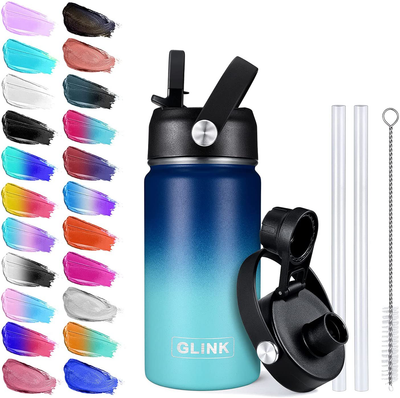 Glink Stainless Steel Water Bottle with Straw, 12-64 oz Wide Mouth Double Wall Vacuum Insulated Water Bottle Leakproof, Straw Lid and Spout Lid with New Rotating Rubber Handle