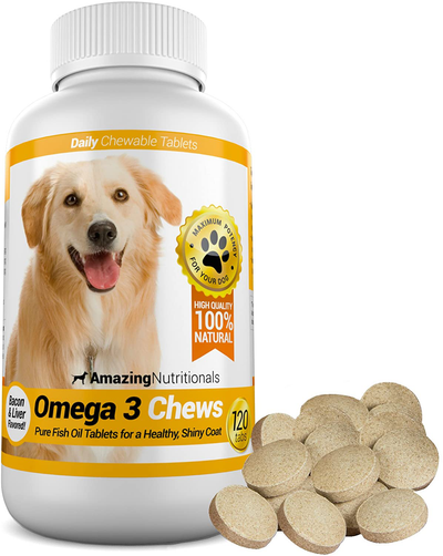 Amazing Omega 3 for Dogs - Dog Fish Oil Pet Antioxidant for Shiny Coat, Joint and Brain Health - 120 Bacon Flavor Chews