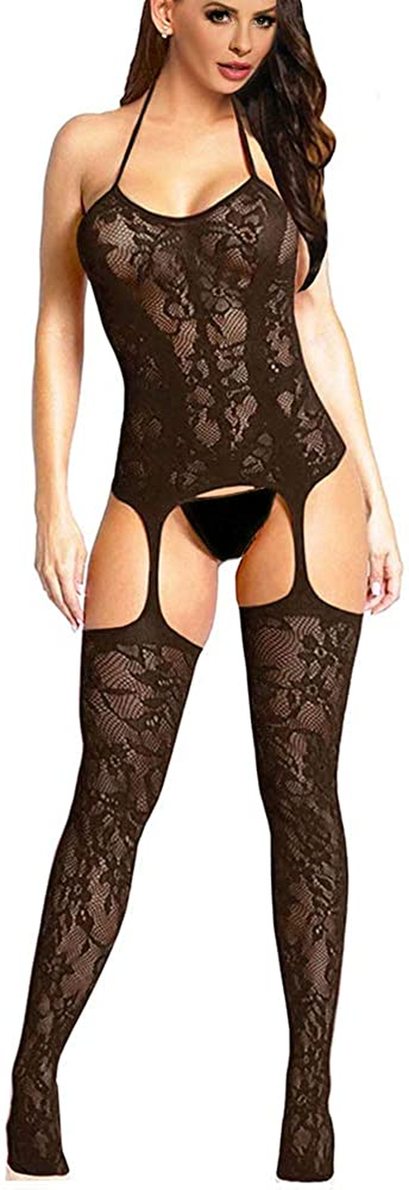  Babydoll Fishnet Bodysuit - Lace Halter Garter Sexy Lingerie Body Stocking