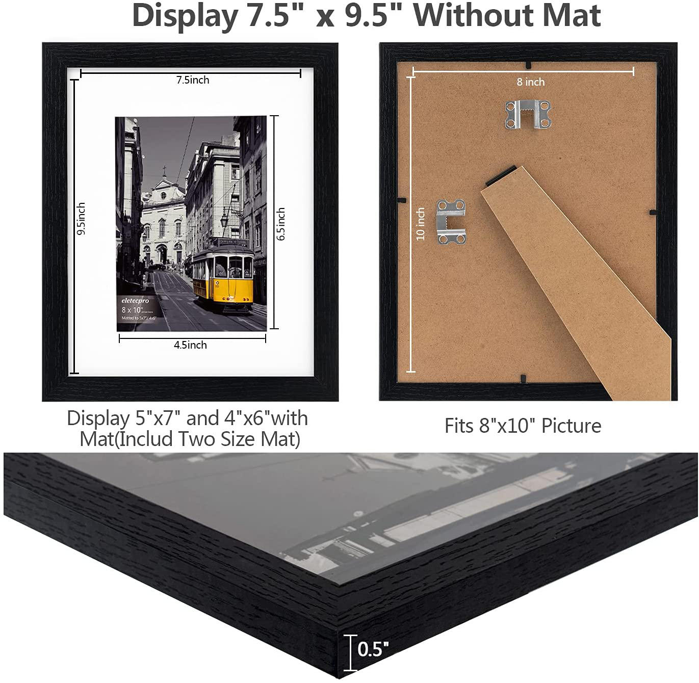 eletecpro 8x10 Picture Frames Set of 10,Display 4x6 or 5x7 Photo Frame with Mat or 8x10 Without Mat,Wall Gallery Photo Frames,Table Top Display or Wall Mounting (Black, 8x10)