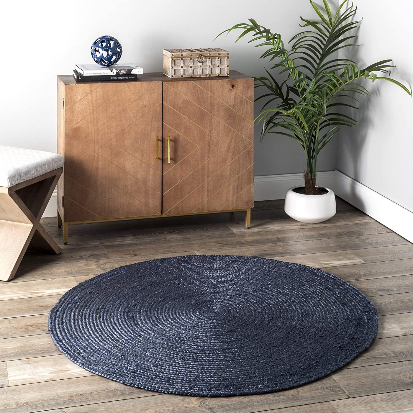 nuLOOM Rigo Hand Woven Farmhouse Jute Area Rug, 4' Round, Navy