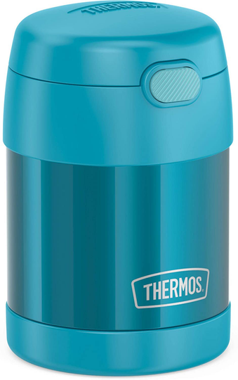 THERMOS FUNTAINER 10 Ounce Stainless Steel Vacuum Insulated Kids Food Jar with Folding Spoon, Grey And Aqua Waves