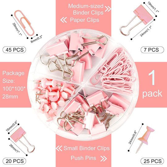 DANRONG 97 PCS Office Supplies for Women, Paper Clips, Binder Clips and Push Pins Set, Paperclips Thumb Tacks School and Home Desk Supplies, Desk Organized (Pink)