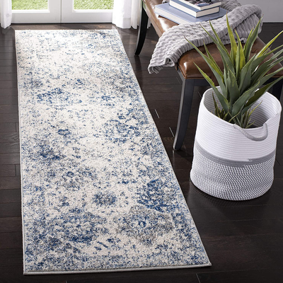 Safavieh Madison Collection MAD611C Boho Chic Floral Medallion Trellis Distressed Non-Shedding Stain Resistant Living Room Bedroom Runner, 2'3" x 12' , White / Royal Blue