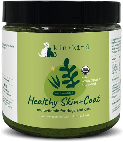 kin+kind Organic Multivitamin for Dogs and Cats - Pet Supplement for Immune Support, Healthy Skin and Coat - Safe, Natural Formula with Wheatgrass, Kelp, Flax Seed, Seaweed and Coconut - Made in USA