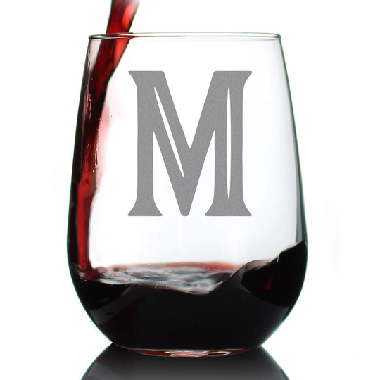 Monogram Bold Letter M - Stemless Wine Glass - Personalized Gifts for Women and Men - Large Engraved Glasses