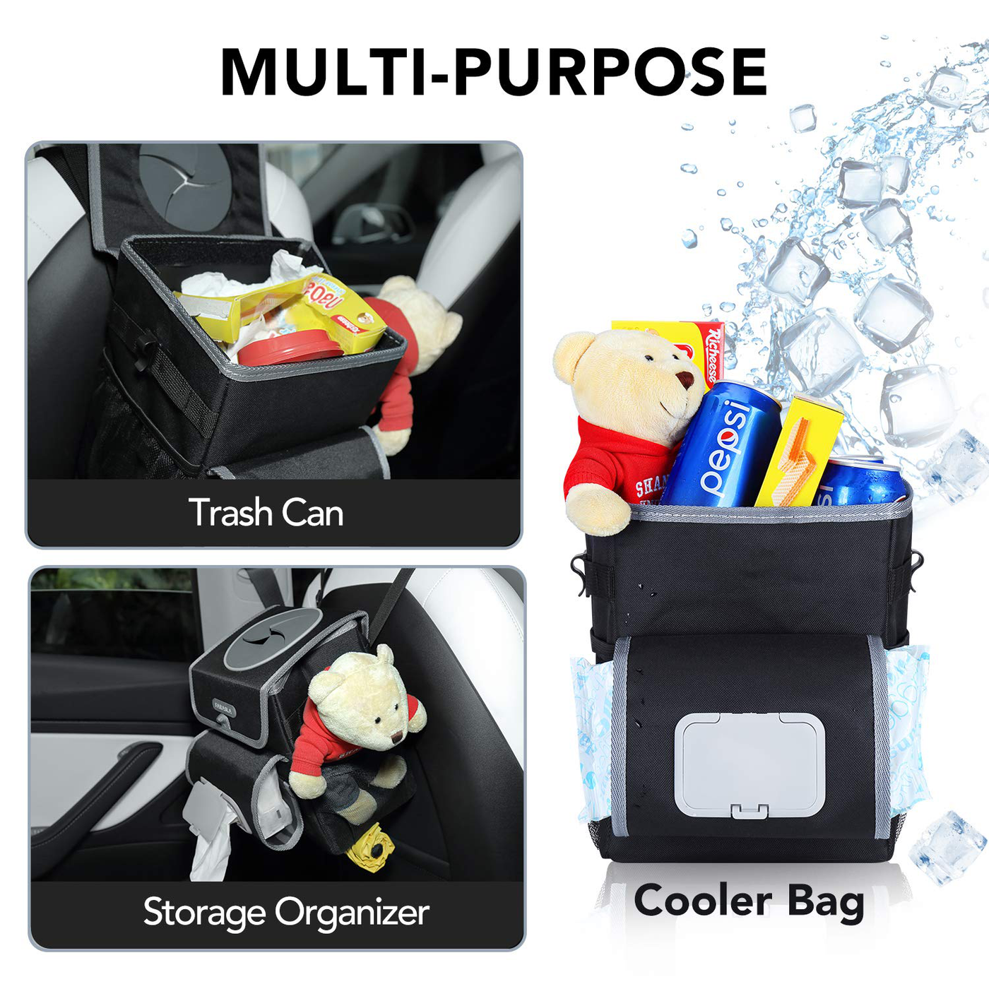 Farasla All-in-One Car Trash Can with 2 Removable Leakproof Interior Liners, Adjustable Tissue Holder & Straps