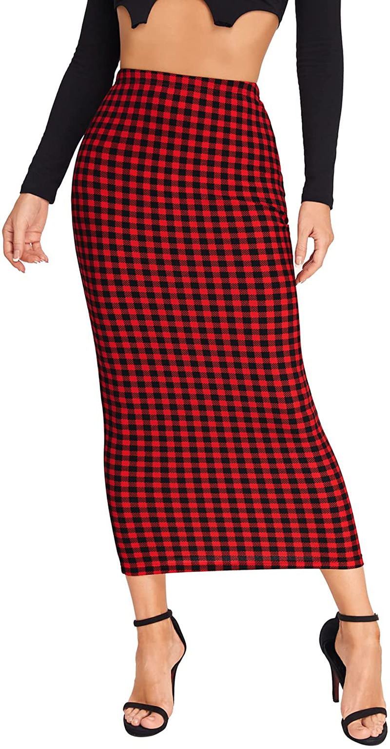 Verdusa Women's Elegant Plaid Elastic Waist Bodycon Midi Skirt