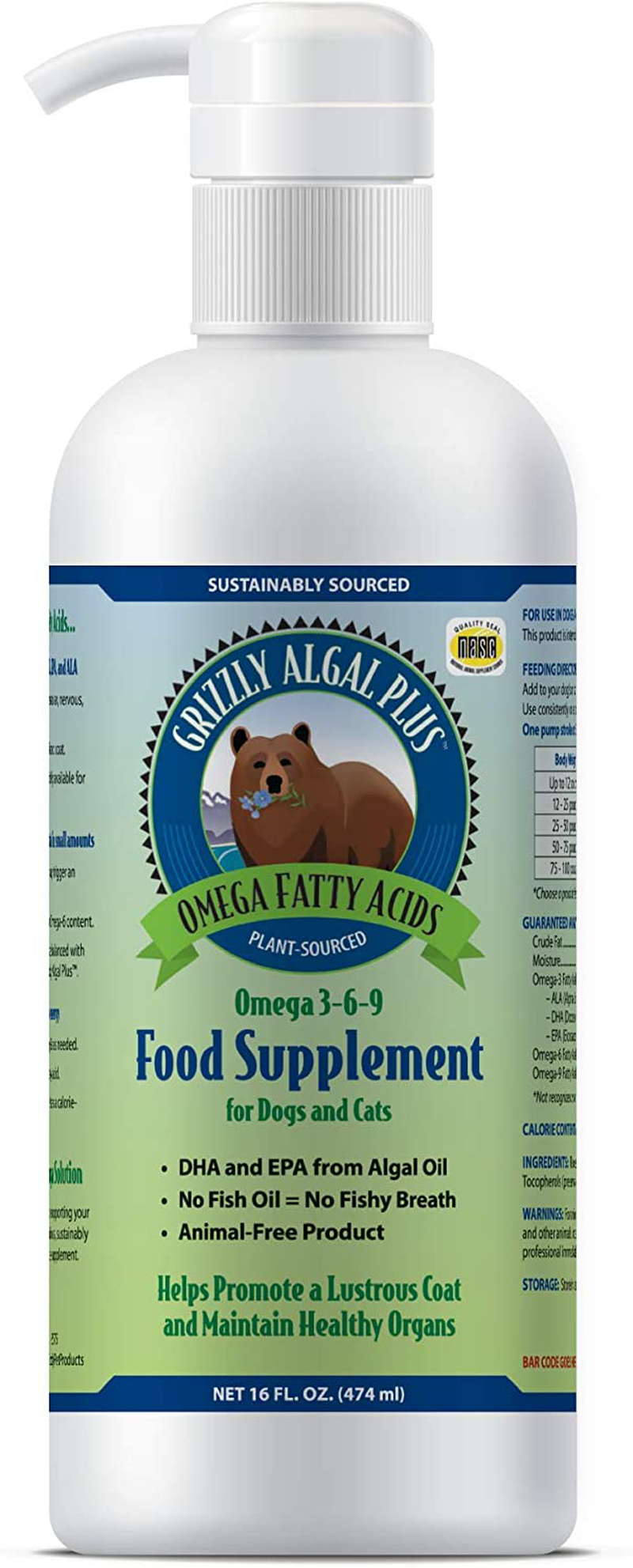 Grizzly Algal Plus Omega Fatty Acids Food Supplement for Dogs & Cats (Various Sizes) - Vegan, Sourced & Made in USA, Plant-Sourced Algal Oil Omega 3-6-9, Lustrous Skin & Coat