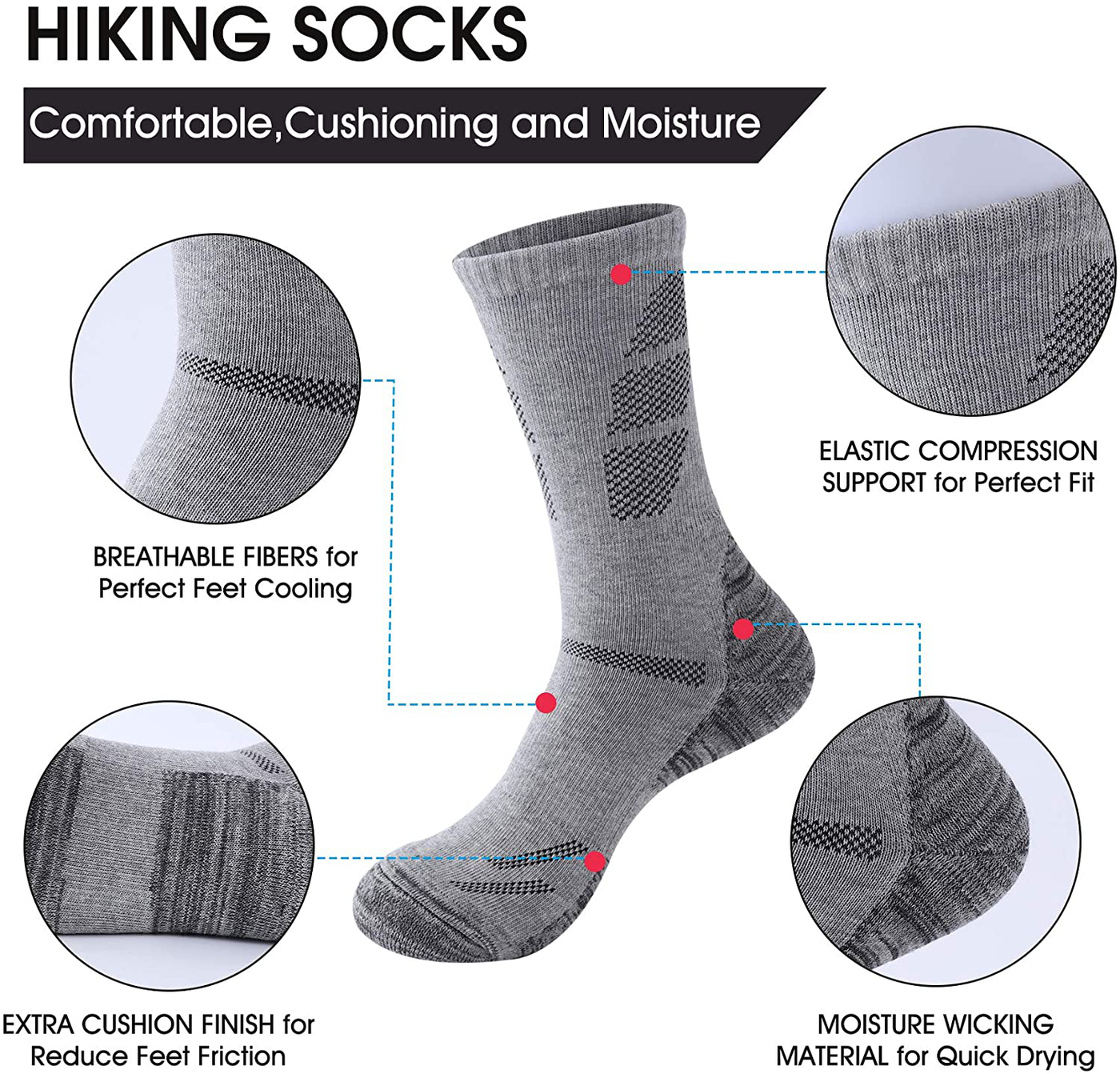 Multipack Men's Merino Wool Hiking Moisture Wicking Cushion Athletic Crew Socks