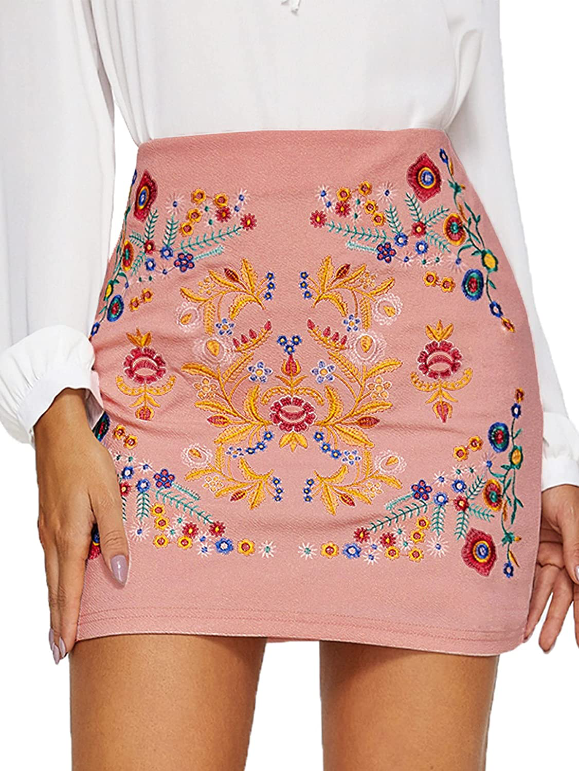 SheIn Women's Casual Floral Embroidered Bodycon Short Mini Skirt