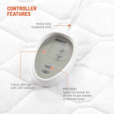 Degrees of Comfort Dual Control Heated Mattress Pad Queen Size | Zone Heating Electric Bed Warmer W/ Auto Shut Off | Fit Up to 15 Inch | 12.5ft Long Cord - 60x80 Inch, White