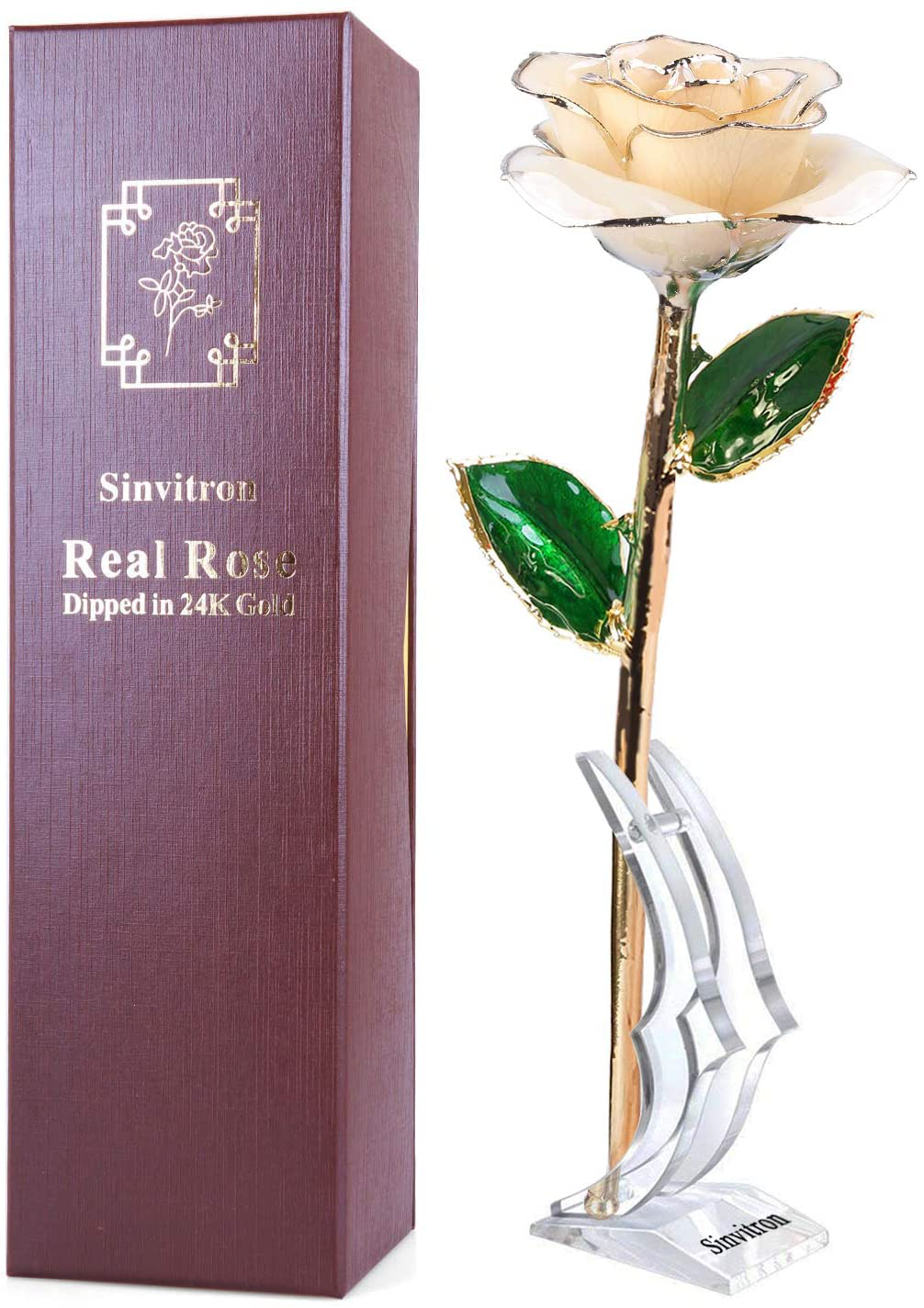 Gold Dipped Rose, Sinvitron Long Stem 24k Gold Dipped Real Rose Lasted Forever with Stand, Best Anniversary Gifts for Her