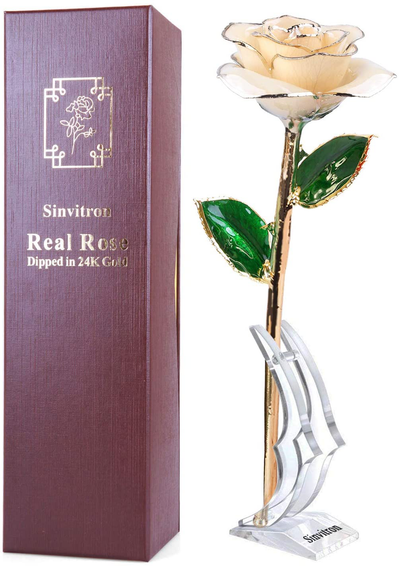 Gold Dipped Rose, Sinvitron Long Stem 24k Gold Dipped Real Rose Lasted Forever with Stand, Best Anniversary Gifts for Her