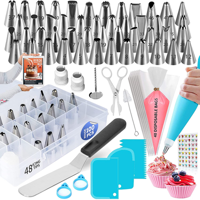 Piping Bags and Tips Set for Icing Cookies, Cupcakes & Cakes - 48 Numbered Cake Frosting Piping Tips with Reusable & Disposable Pastry Bags