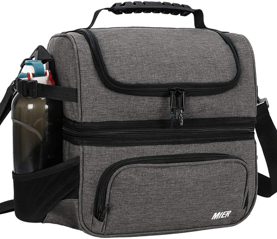 MIER Dual Compartment Lunch Bag Tote with Shoulder Strap for Men and Women Insulated Leakproof Cooler Bag, Grey