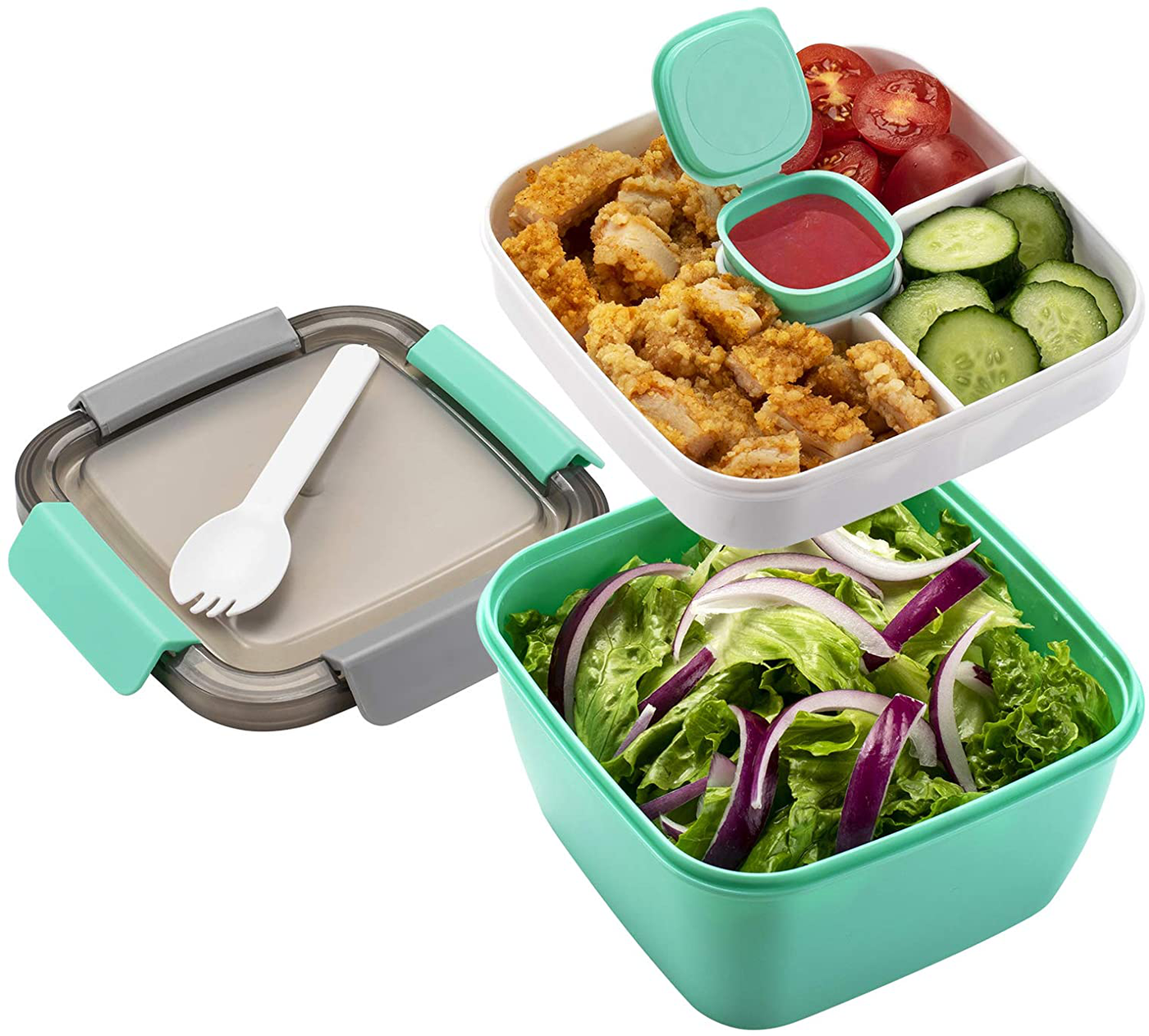 Freshmage Salad Lunch Container To Go, 52-oz Salad Bowls with 3 Compartments, Salad Dressings Container for Salad Toppings, Snacks, Men, Women (Green)