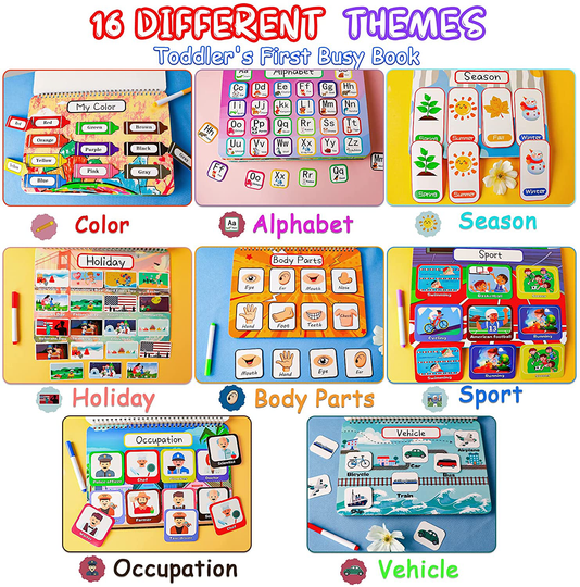 HeyKiddo Toddler Busy Book, Autism Toys for Kids, Preschool Learning Activity Binder, 16 Themes with Colorful Pages, Educational Book for Autism & Special Needs, Drawing Book for Home School Learning
