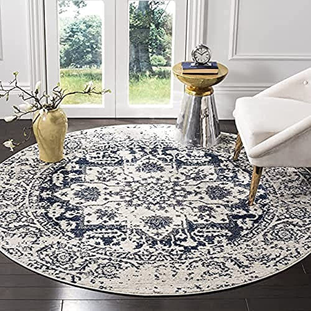 Safavieh Madison Collection MAD603D Oriental Snowflake Medallion Distressed Non-Shedding Stain Resistant Living Room Bedroom Area Rug, 6'7" x 6'7" Round, Cream / Navy