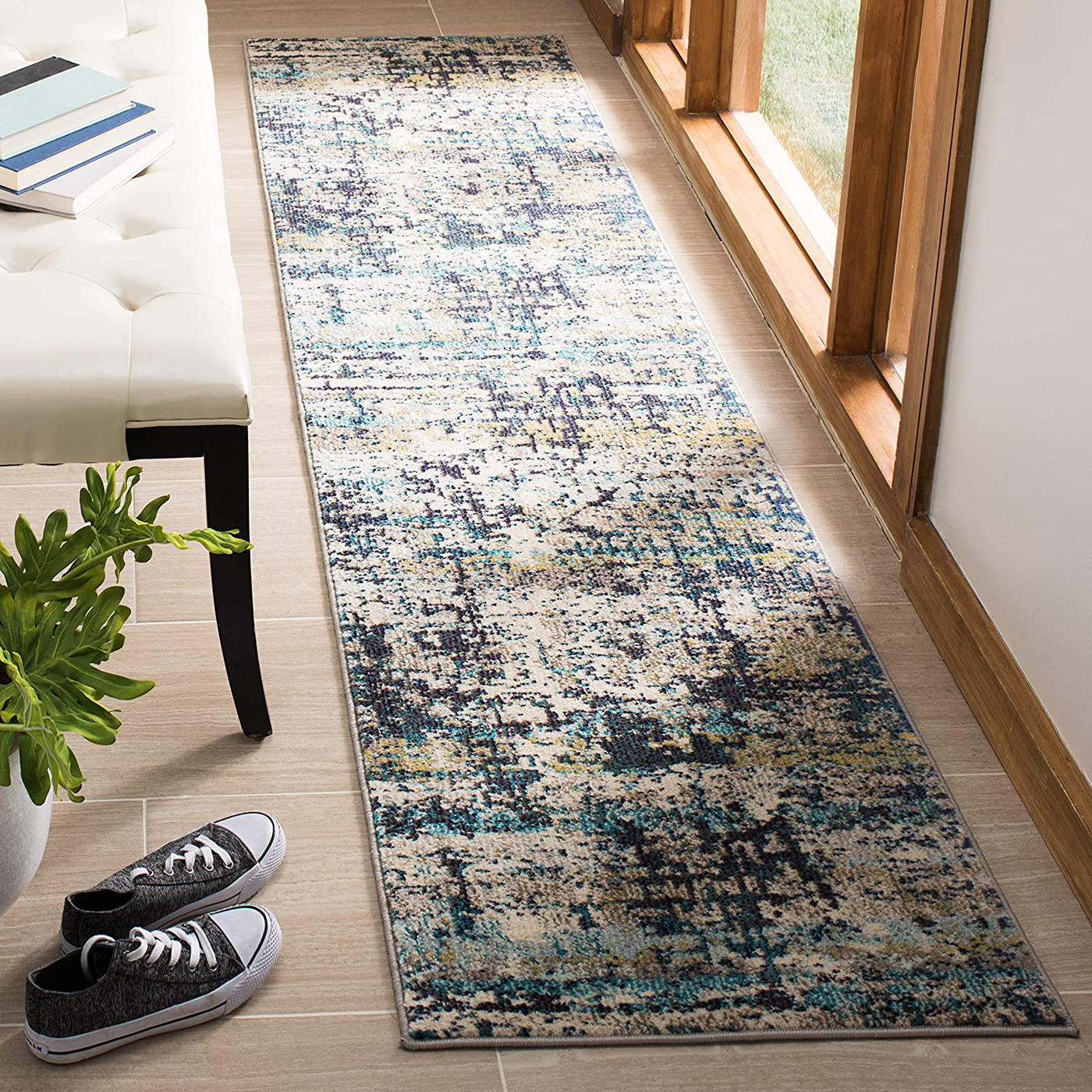 Safavieh Madison Collection MAD469B Modern Abstract Non-Shedding Stain Resistant Living Room Bedroom Runner, 2'2" x 14' , Cream / Blue