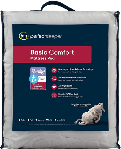 Serta Perfect Sleeper Basic Comfort Mattress Pad, Air Dry Moisture Wicking, Microfiber Fill, Scotchgard Stain Release, Antimicrobial Odor Protection, Cooling, Queen, White