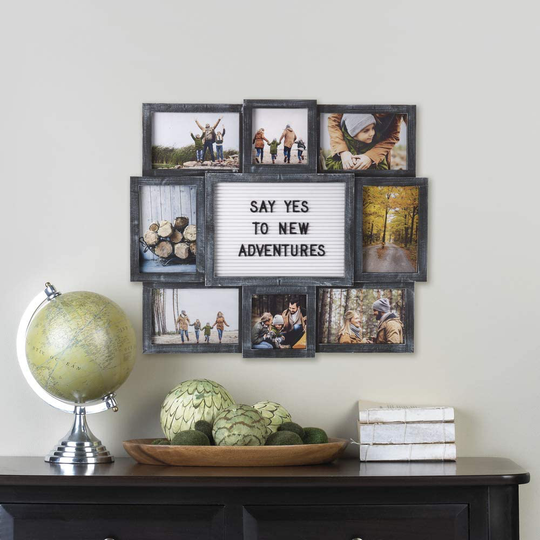 Melannco Customizable Letterboard 8-Opening Photo Collage, 19 x 17 inch,Distressed Black