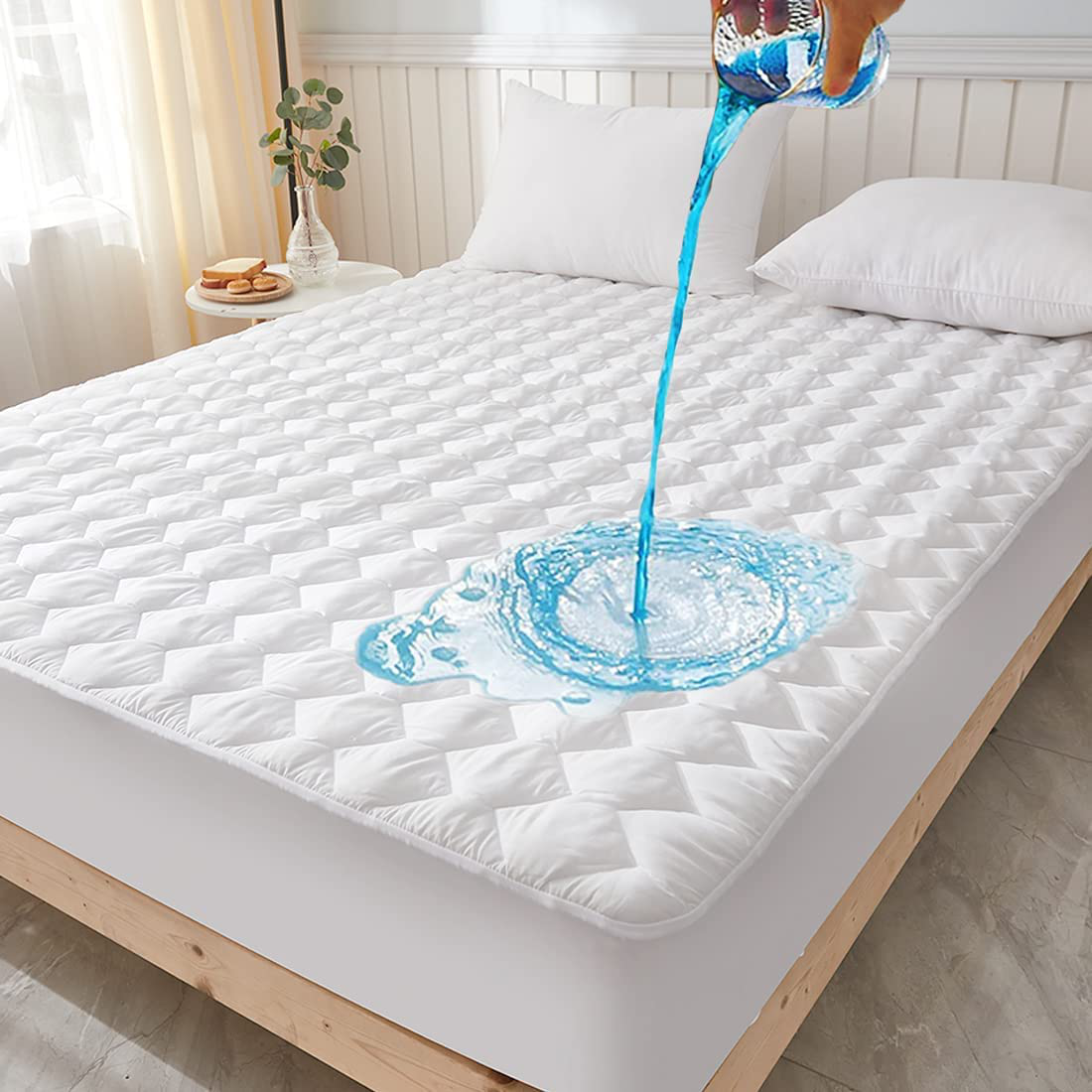 Bioeartha Waterproof Mattress Pad, Queen Size Quilted Fitted Mattress Pad, 100% Waterproof Breathable Soft Mattress Protector Stretches up to 8-18 inches, Cooling Mattress Topper for Queen Size Bed