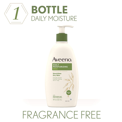 Aveeno Daily Moisturizing Body Lotion with Soothing Oat and Rich Emollients to Nourish Dry Skin, Gentle & Fragrance-Free Lotion is Non-Greasy & Non-Comedogenic, 18 Fl Oz