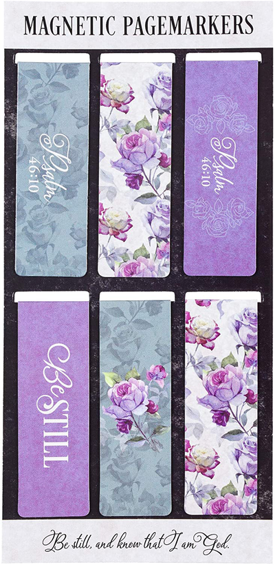 Christian Art Gifts Set of 6 Be Still and Know - Psalm 46:10 Purple Roses Inspirational Magnetic Bible Verse Bookmark with Scripture, Size Small 2.3" x .75"