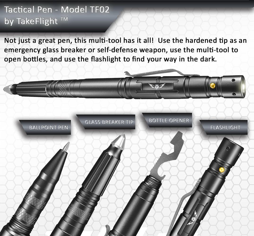 TAKEFLIGHT Tactical Pen Survival Gear – Aircraft-Grade Aluminum LED Tactical Flashlight Multi Tool – Rugged, Lightweight EDC Pen Survival Tool – Glass Breaker, Bottle Opener, Screwdriver, Gift Boxed