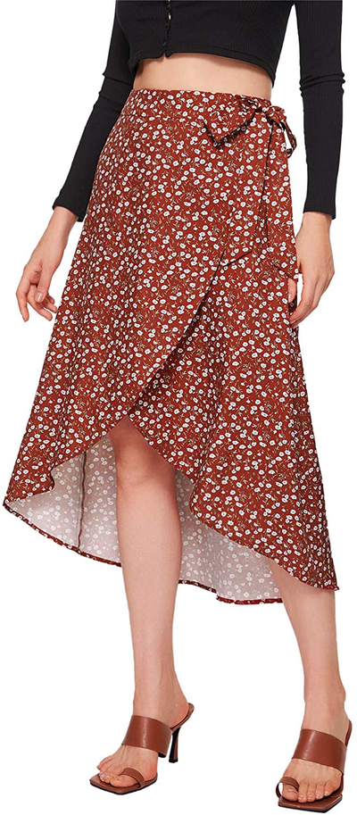 SheIn Women's Boho Ditsy Floral Knot High Waisted Wrap Split Midi Skirt