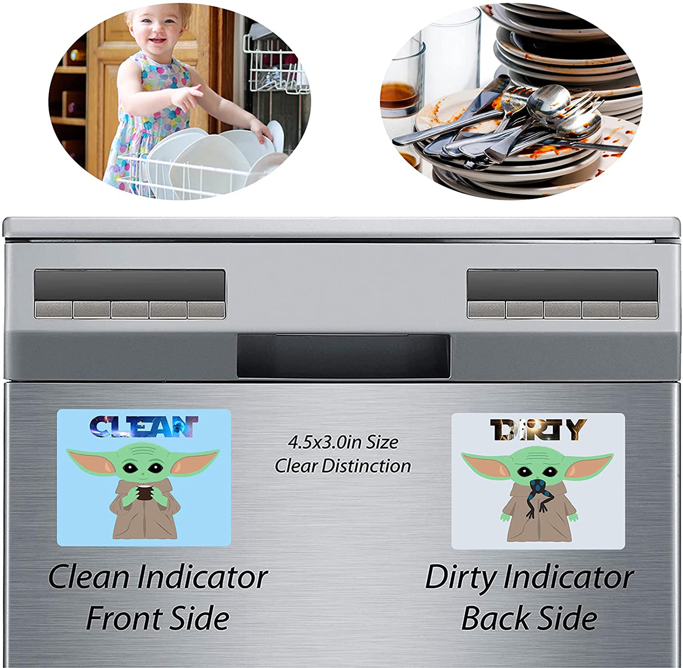 Dishwasher Magnet, Clean Dirty Magnet for Dishwasher, Baby Yoda Magnet,Double Sided Kitchen Dish Washer Magnet, Strong Kitchen Flip Magnet Dish Washer Indicator, Magnetic Metal Plate（Cute Grogu）