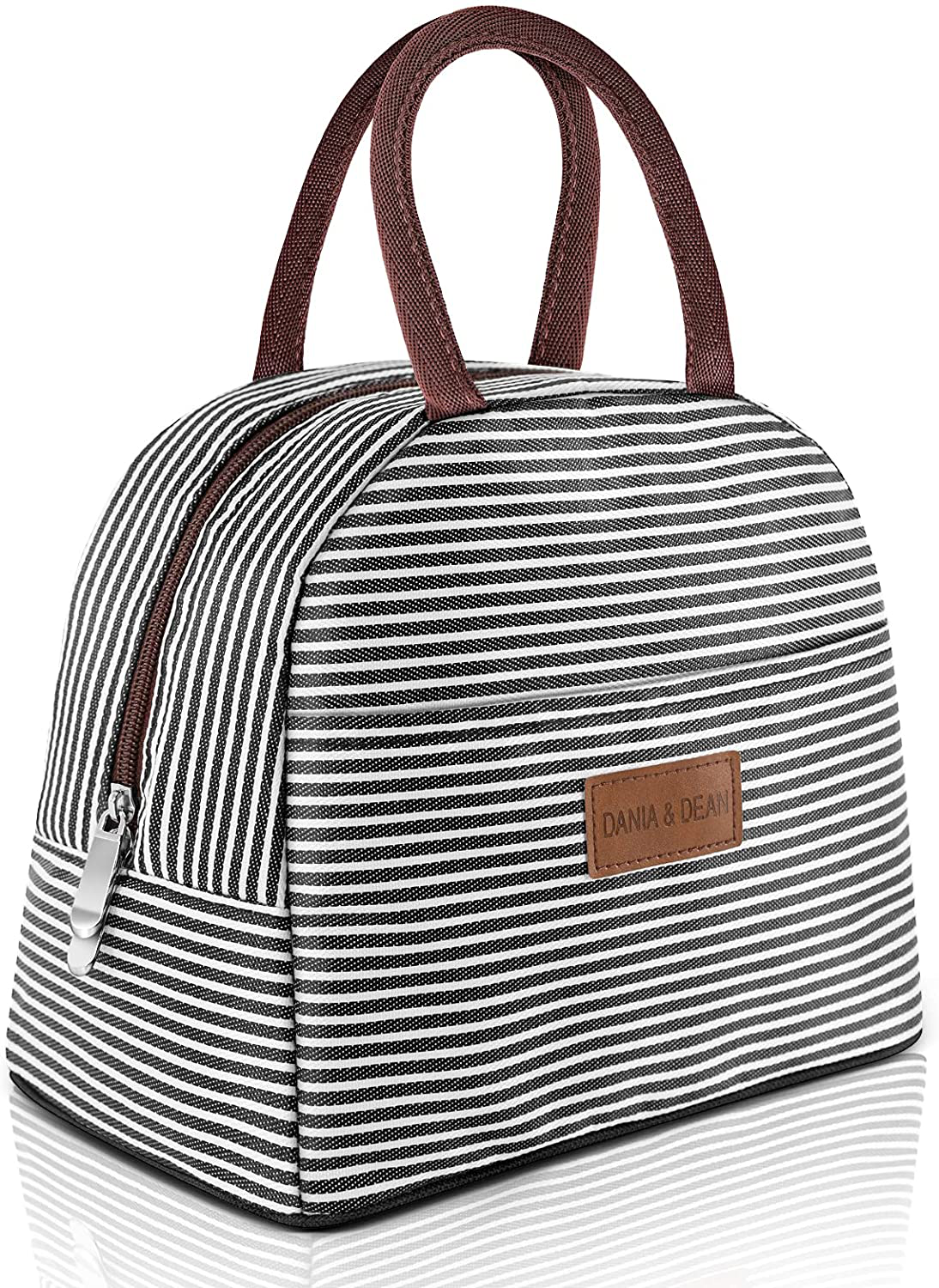 DANIA & DEAN Durable Insulated Lunch Bag for Women/Kids Double Zippers Wide Open Tote Bag Leakproof Thermal and Cooler Reusable Lunch Box for Office/School/Outdoor (Black and White Stripes)