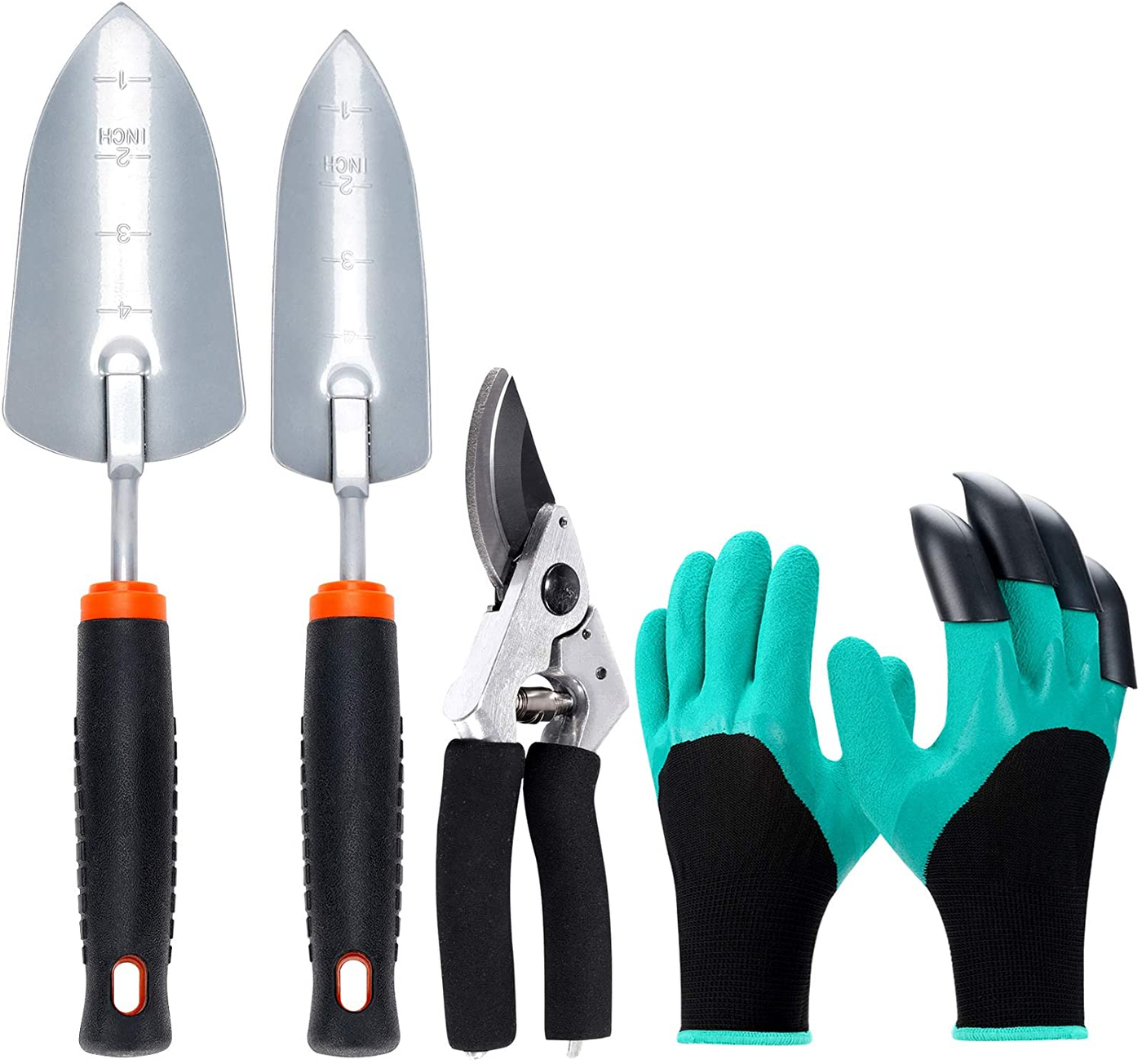 Garden Tool Set,4 Pack Heavy Duty Steel Gardening Kit-Hand Trowel, Transplant Trowel, Pruner with Soft Rubber Anti-Skip Handle and Garden Gloves With Claws-Color Box Packing Garden Gifts for Parents