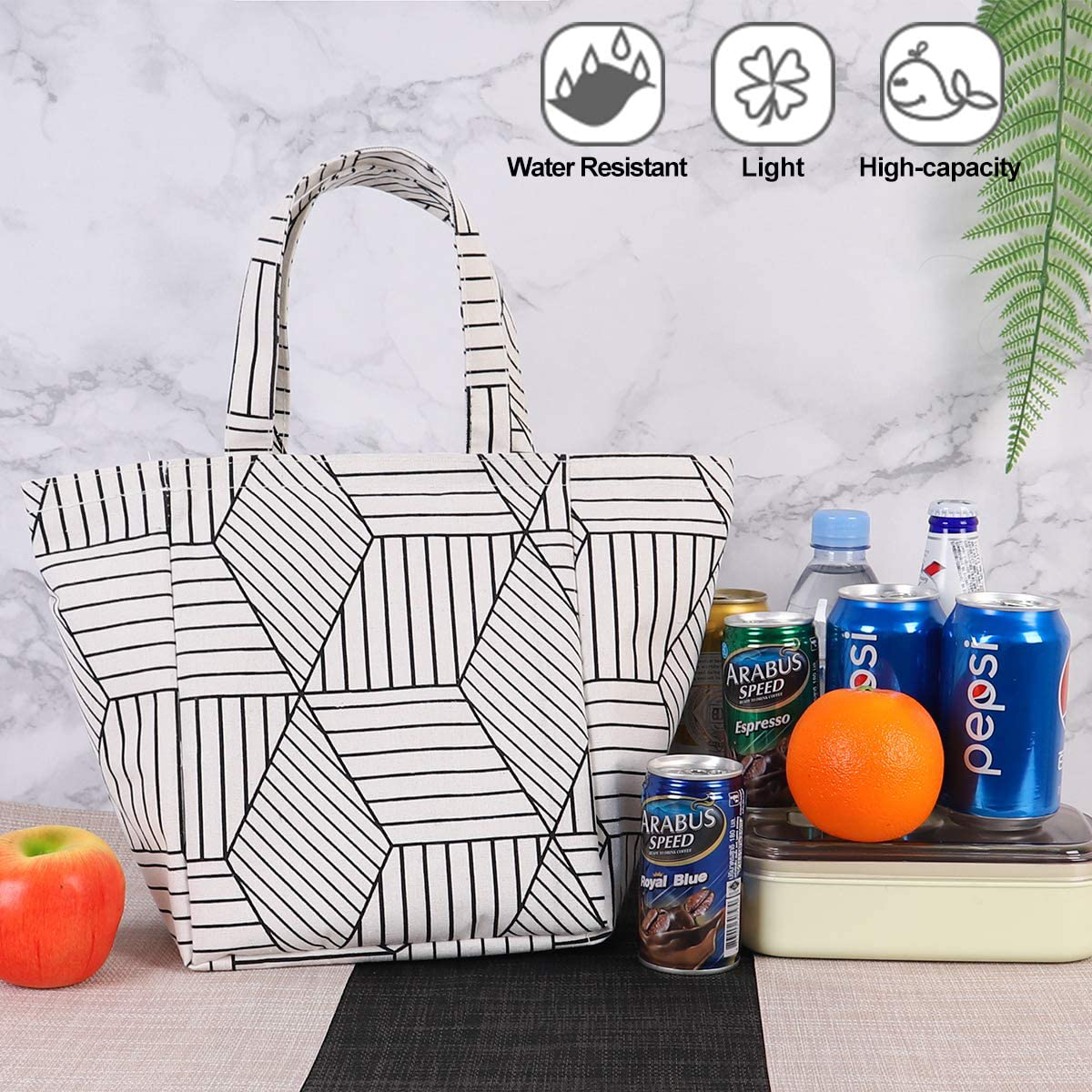 Buringer Insulated Lunch Bag with Inner Pocket Printed Canvas Fabric Reusable Cooler Tote Box for Ladies Woman Man School Work Picnic (Upgraded Gray Geometric Pattern)